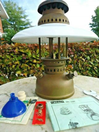 Rare Brass Optimus 1200 Kerosene Pressure Lantern With White Enamel Shade