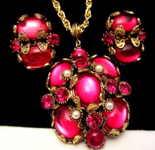 Rare Vintage Signed Hollycraft Goldtone Red Jelly Glass Necklace Earring Set A8