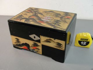 Black Lacquer Enamel Ware Music Trinket Jewelry Box Pagoda Mountains Vintage Old