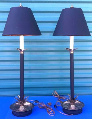Pair Originalmid Century Frederick Cooper Brass Candlestick Pineapple Lamp Shade