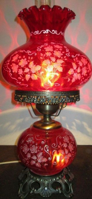 Vtg Fenton Glass Ruby Red White Floral Flowers Gwtw Table Lamp Top Bottom Light