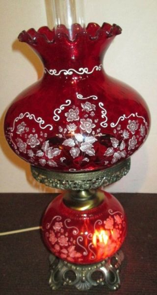 Vtg Fenton glass Ruby Red White Floral Flowers GWTW Table Lamp Top Bottom Light 2