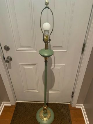 Vintage Mcm Green Tone Floor Lamp With Brass Accents
