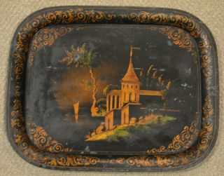 Antique Hand Painted Toleware Tole Tray 19.  5x15.  5 Castle Lake Golden Floral