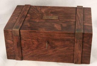 Antique Arts & Crafts Mission Oak Wood Jewelry Trinket Box Humidor W/ Key