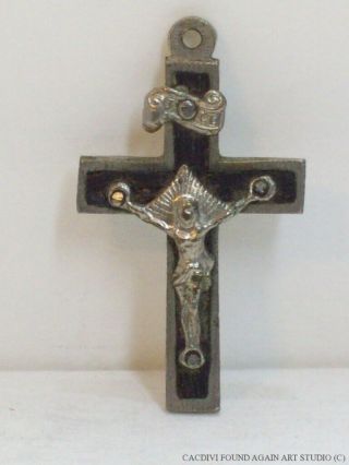 Vintage Catholic Crucifix Cross Black Wood Inlay Silver Tone Metal Small Pendant