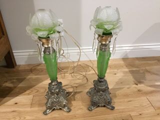 Green And Milk Glass Art Deco Vintage Table Lamps 18” Tall.  Rewired