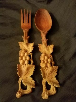 Vintage Black Forest Germany Hand Carved Wooden Spoon And Fork Set Old Estate