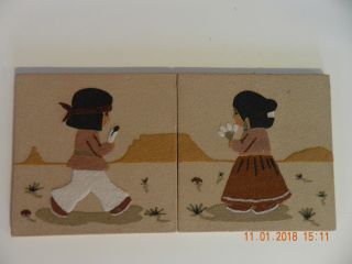 Boy And Girl Navajo Sand Painting Native American Folk Art Vintage
