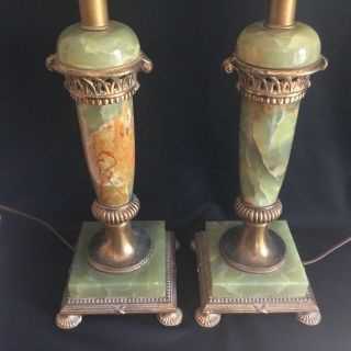 Pair Antique Green Onyx & Brass Art Deco Table Lamps Signed York