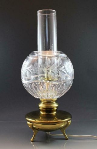 Vtg Electrified Gilt Brass & Cut Crystal Glass Table Lamp Hurricane Style