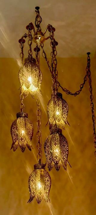 Vtg Hollywood Regency Metal Filigree Gold 5 Pendant Hanging Swag Lamp -