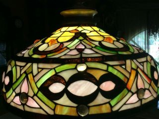 Vintage Large Leaded Tiffany Style Stained Glass Lamp With Jewels - Unique