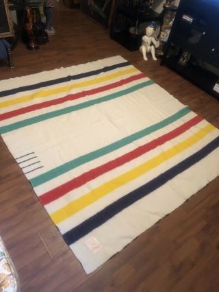 Vintage Hudson Bay 4 Point Wool Blanket With Colorful Stripes 82” X 76”