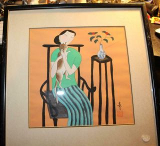Vintage Japanese Woodblock Print Woman In Chair With Cat And Vase 1950s (?)
