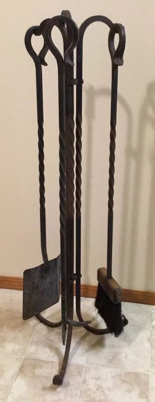 Vintage Wrought Iron Fireplace Tool Set Poker Shovel Brush Stand Hearth Large