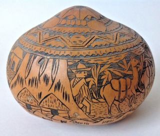 Vintage Peruvian Carved Gourd W Lid Hollow Village Scene Signed Hidden Storage