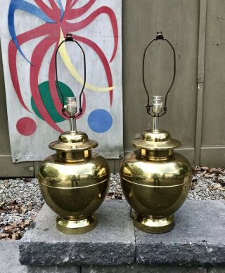 Pair Vintage Brass Table Lamps Asian Style Ginger Jar Hollywood Regency Palm