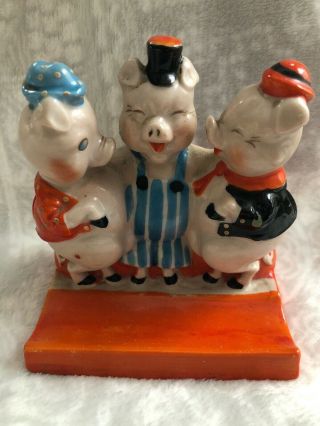 Vintage Ceramic 3 Little Pigs Pen Holder Made In Japan