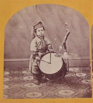 1860s Civil War Stereoview Photo Of Civil War Drummer Boy In Zouave Type Uniform