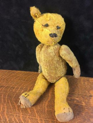 Antique 1800s 14 " Teddy Bear Straw Stuffed Worn Mohair Missing Ear Very Loved