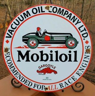 Vintage 1933 Mobiloil Mobil Vacuum Porcelain Sign Gas Oil Race Car Gargoyle