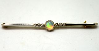 Antique Victorian 14k Solid Gold,  Natural Opal And Diamonds Pin Brooch