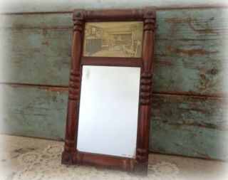 Vintage Decorative Mirror Wood Frame With Antique Hearth Litho Image
