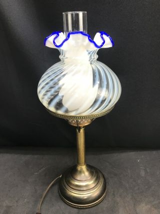 Fenton Blue Ridge Glass Opalescent Swirl Spiral Optic 80th Anniversary Lamp