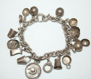 Vintage Mexican Silver Charm Bracelet With 16 Collectible Charms