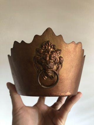Vintage Gilt Italian Toleware Art Cache Pot Jardiniere Lion Head Ring Handles 2
