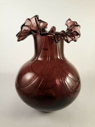 Antique Purple Amethyst Hand Blown Glass Vase Draped,  Crimped Top