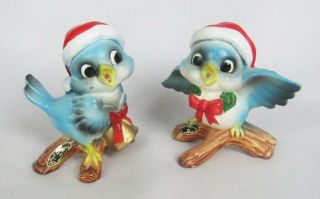 Vintage Josef Originals Christmas Santa Bluebird Figurine Pair - Hard To Find