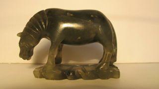 Antique Chinese Green Carved Serpentine Jade Tang Horse Statue 3.  25 