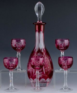 Vintage Bohemian Czech Cranberry Cut To Clear Glass Decanter & Glasses