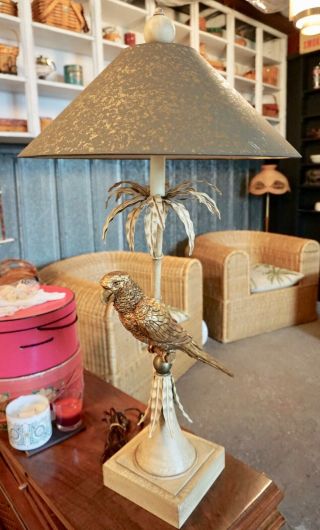 Large Older Metal Parrot & Tropical Palm Tree Table Lamp 35 " Tall