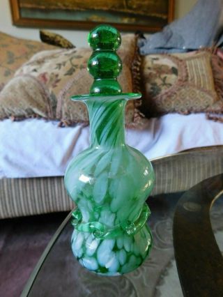 Antique Perfume Bottle Green,  White Blown Glass W/ Topper 5 1/2 " Earlier Piece