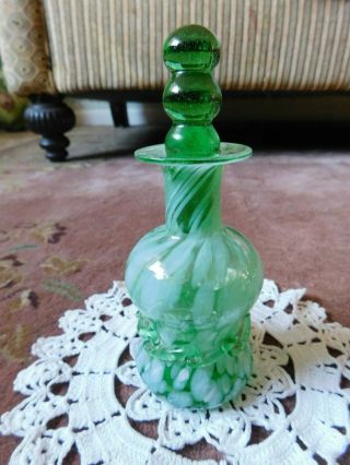 Antique Perfume Bottle Green,  White Blown Glass w/ Topper 5 1/2 