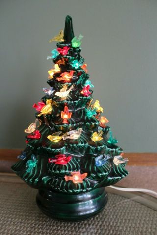 Vtg 1979 Hand Painted Green Ceramic Christmas Tree Multi Color Bird Lights 13 "