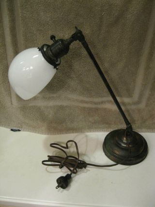 Antique Industrial Articulating Desk Lamp W/milk Glass Shade Early Faries White