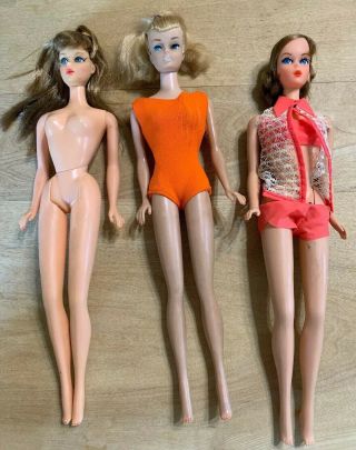 3 Vintage Barbie Dolls - Blonde Swirl Ponytail - Mute Talking Barbie - Tnt