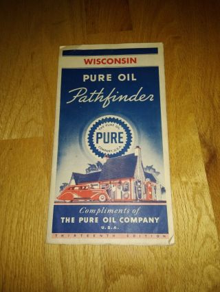 Vintage Pure Oil Co.  1934 Wisconsin Road Map Rough And Rare