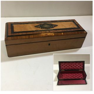 Antique French Napoleon Iii Wood Coffin Glove Box Tufted Hinge Front Marquetry