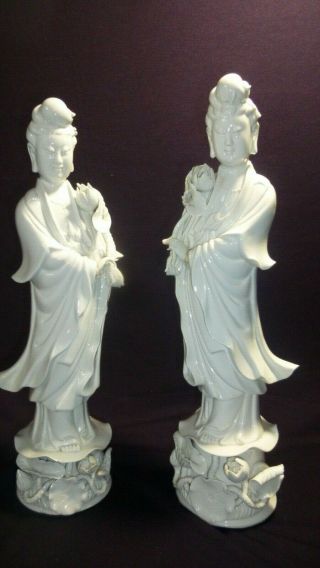 Two Vintage Blanc De Chine Porcelain Statue Of Kwan Yin (quan - Yin) Goddess