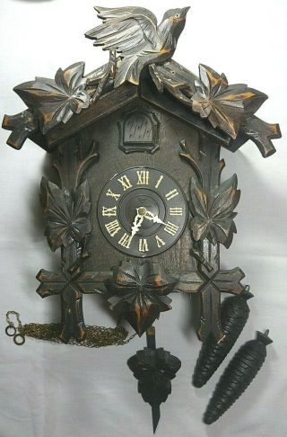 Vintage Mi - Ken Ki - Ki Cuckoo Clock Black Forest Style Bird & Leaves Japan