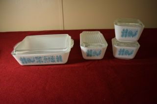 Vtg Pyrex Complete Set Amish Butter Print Blue Refrigerator Dishes 501,  502,  503