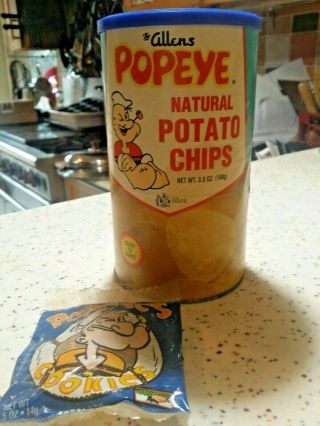 Collectors: Vintage Allen’s Popeye Potato Chips Can & Bag O Cookies
