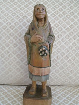Antique Carved Wood Black Forest.  ? Anri Woman Holding Flowers 12.  5 Inches