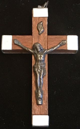 Vintage Jesus On The Cross Wood And Metal Crucifix Pendant Made In France
