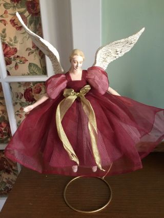 Vintage Christmas Tree Topper Angel - Gown - Red And Gold Colors